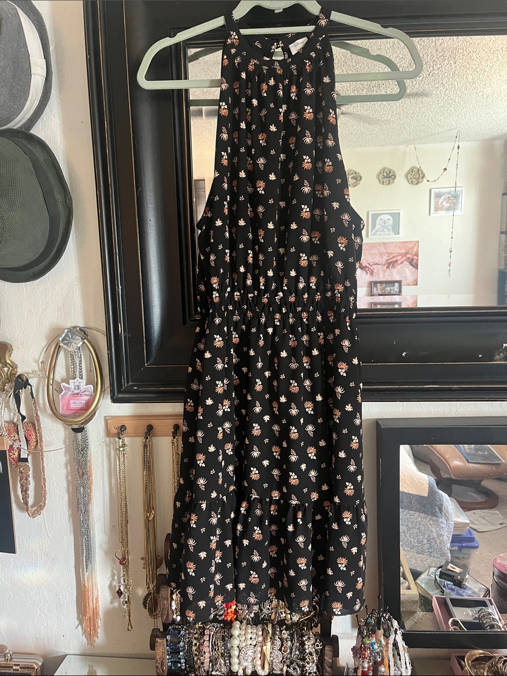 Aritzia Wilfred Effet Black Floral Halter Dress with Cream and Orange Accents
